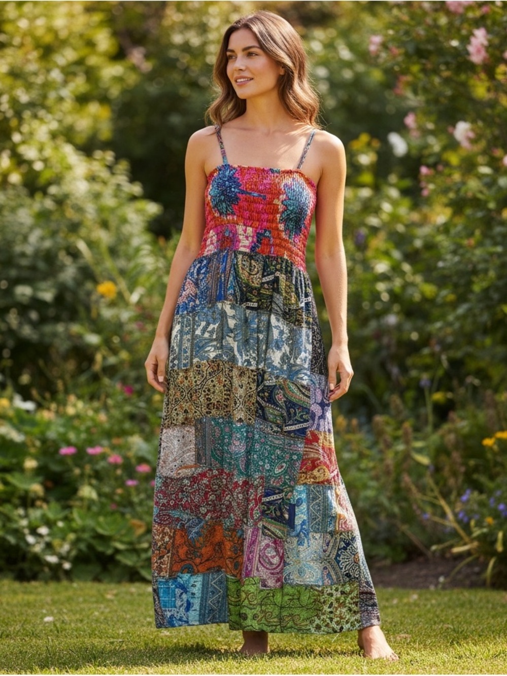 POL Multicolor Patchwork Smocked Maxi Dress
